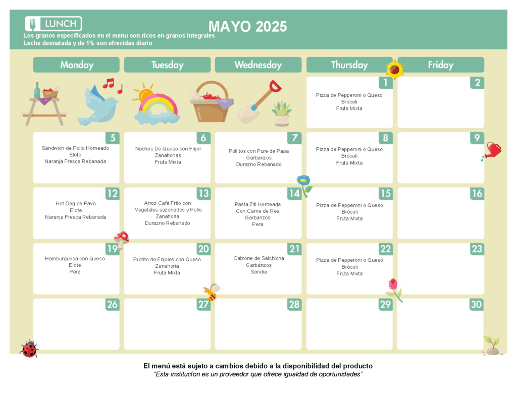 ACCLAIM Spanish May 2025 Menu