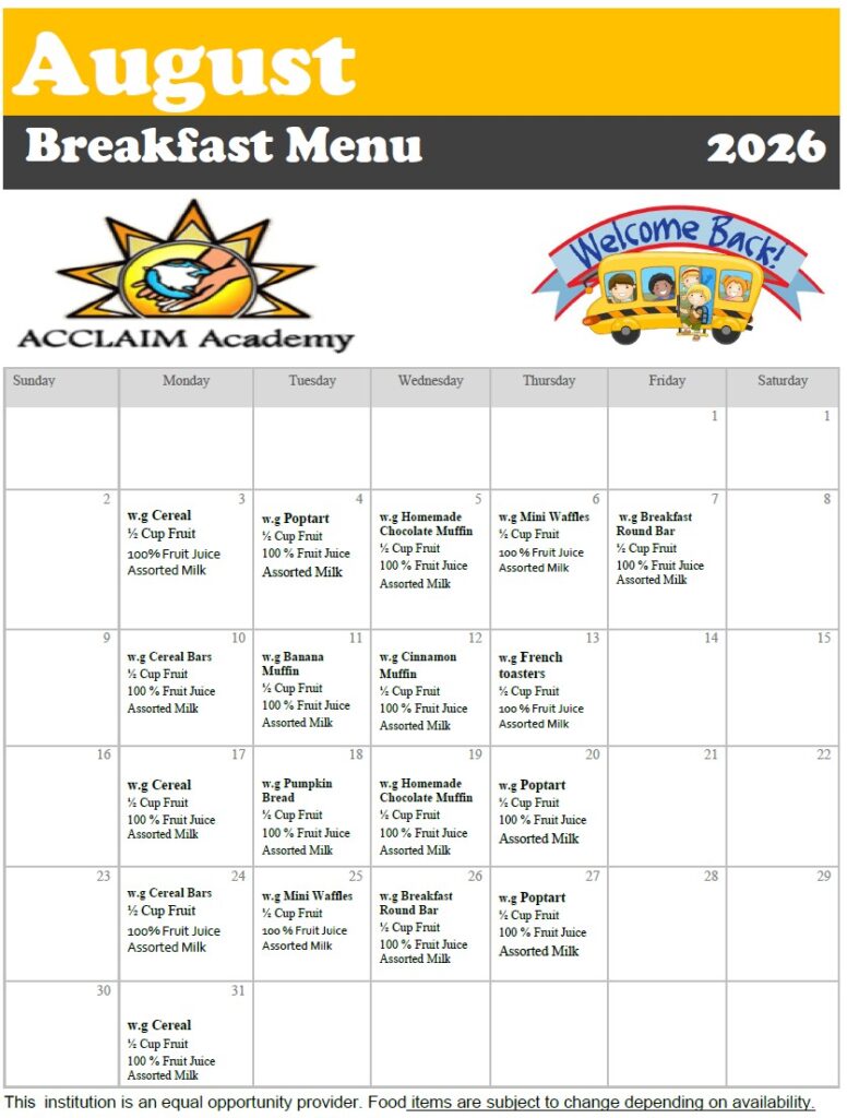 Acclaim August Breakfast Menu 2026