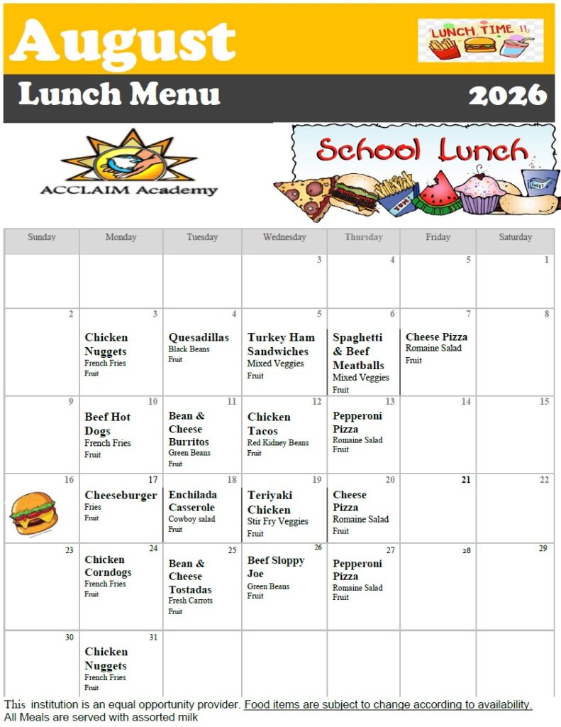 Acclaim August Lunch Menu 2026