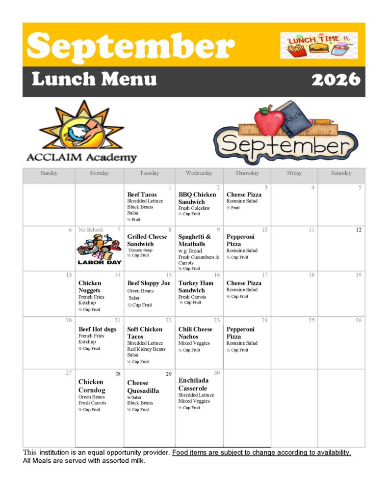 Acclaim September Lunch Menu 2026